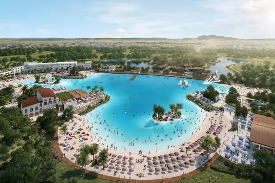 Rendering of large 'lagoon' pool in California Forever planned development.